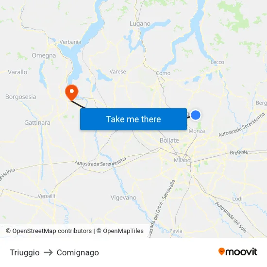 Triuggio to Comignago map