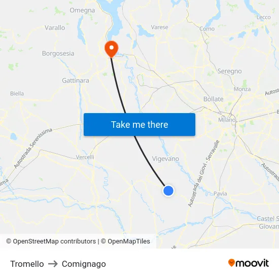 Tromello to Comignago map
