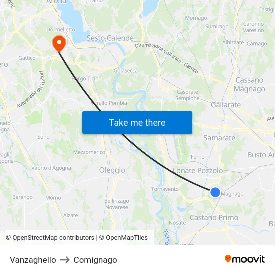 Vanzaghello to Comignago map