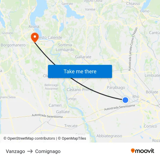 Vanzago to Comignago map