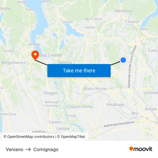 Veniano to Comignago map