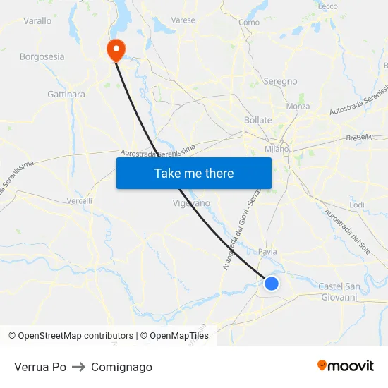 Verrua Po to Comignago map