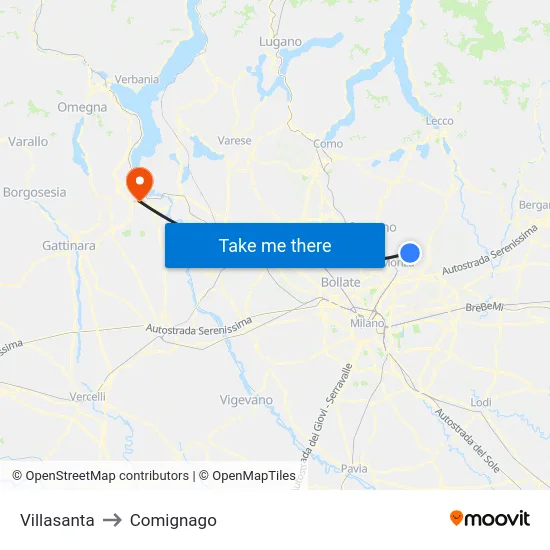 Villasanta to Comignago map