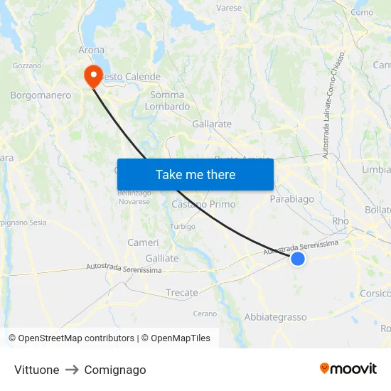 Vittuone to Comignago map