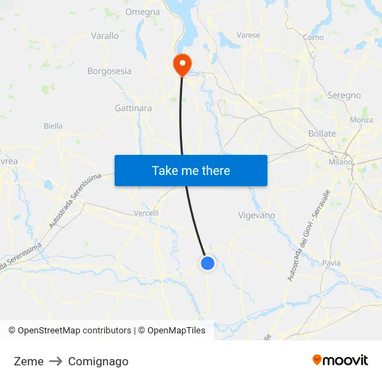 Zeme to Comignago map