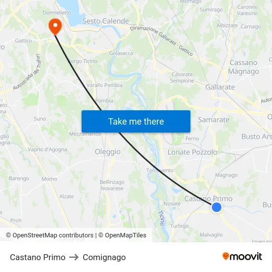 Castano Primo to Comignago map