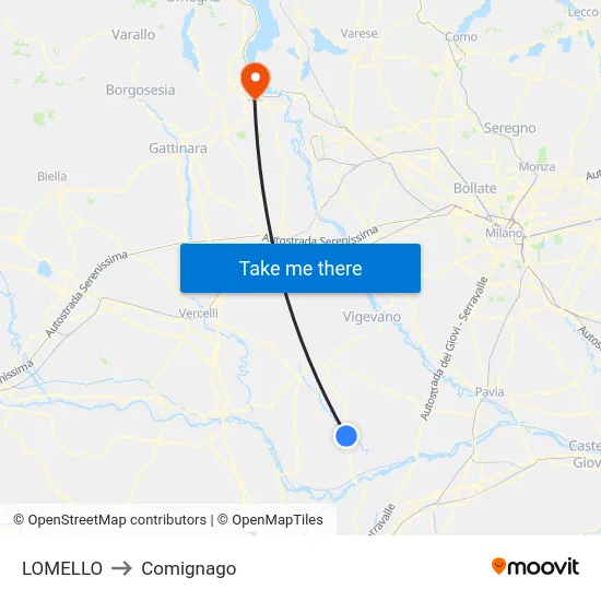 Lomello to Comignago map