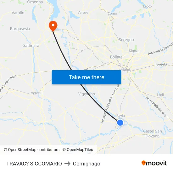 Travacò Siccomario to Comignago map