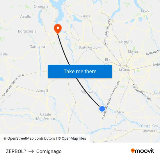 Zerbol to Comignago map