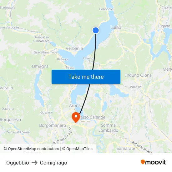 Oggebbio to Comignago map