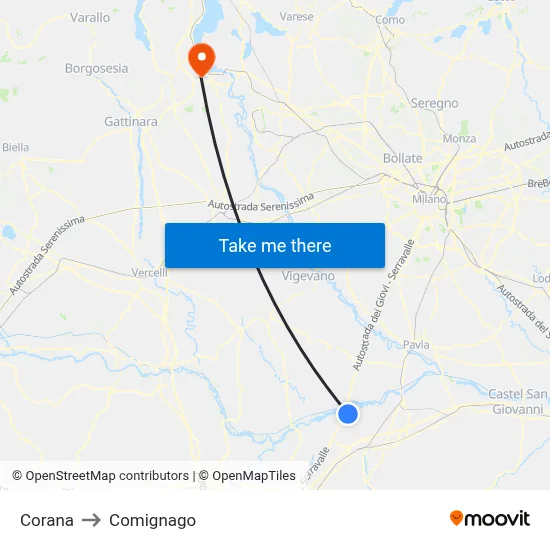Corana to Comignago map