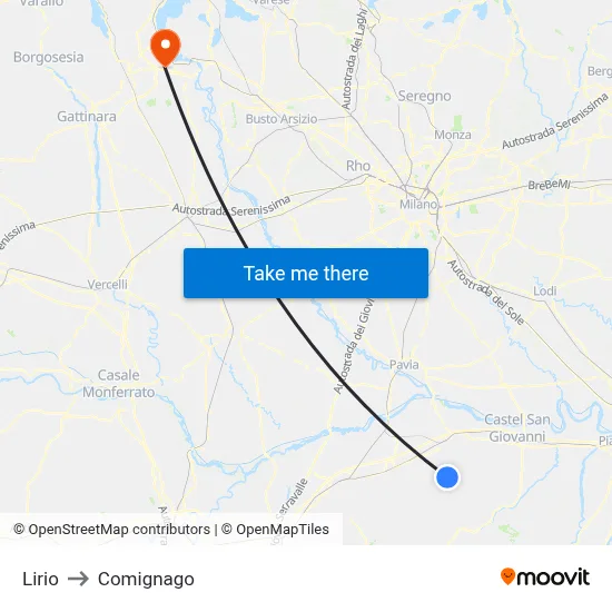 Lirio to Comignago map
