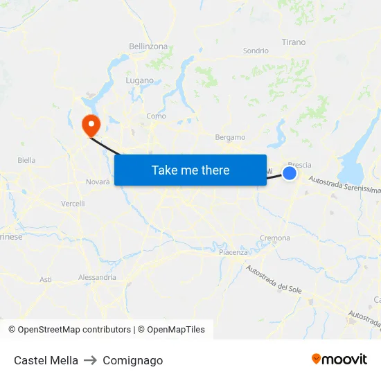 Castel Mella to Comignago map