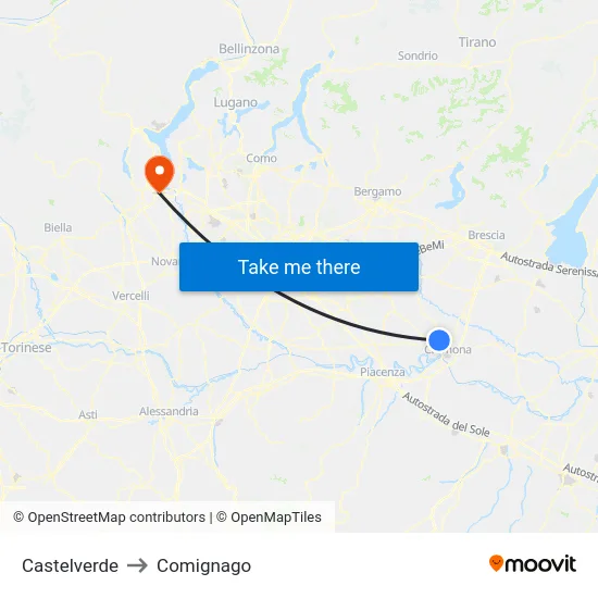 Castelverde to Comignago map