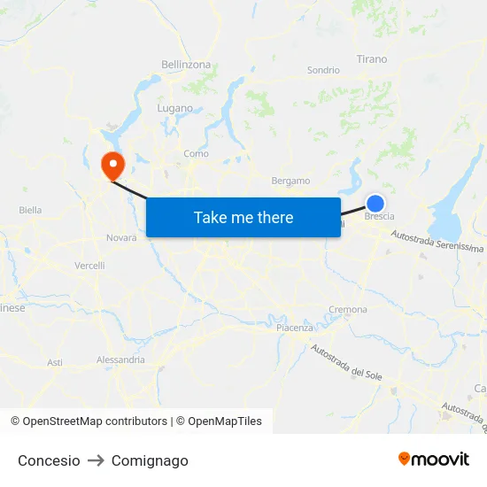Concesio to Comignago map
