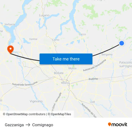 Gazzaniga to Comignago map