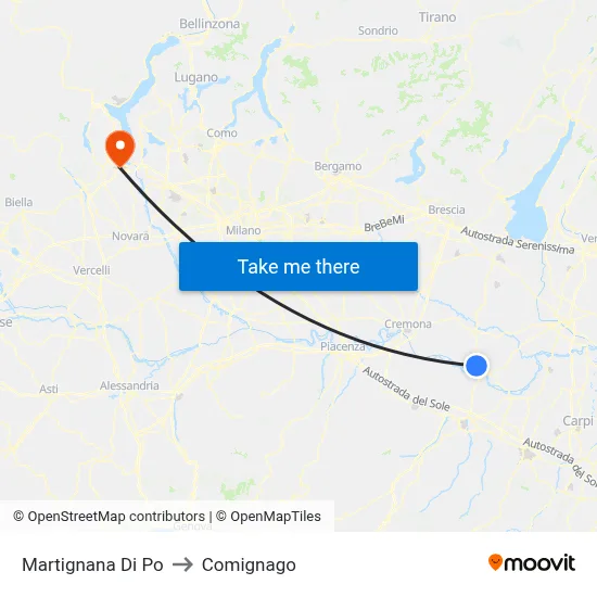 Martignana di Po to Comignago map