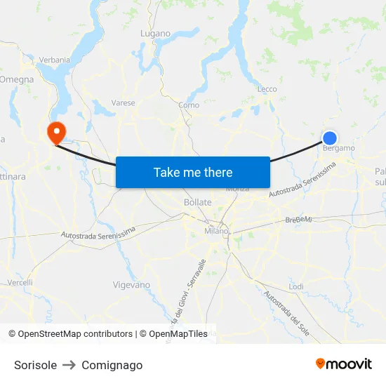 Sorisole to Comignago map
