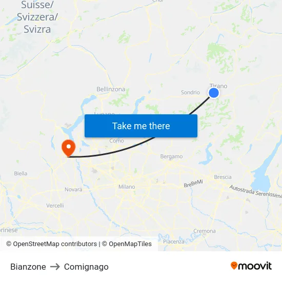 Bianzone to Comignago map