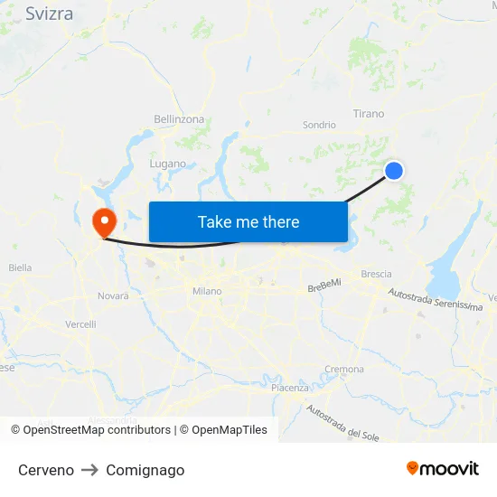 Cerveno to Comignago map