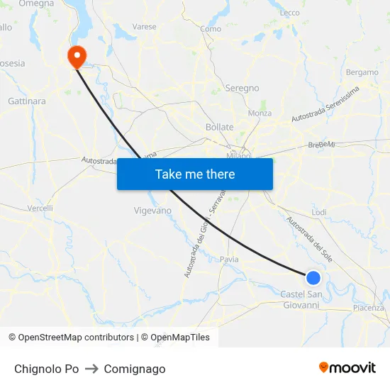 Chignolo Po to Comignago map