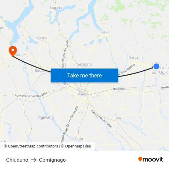 Chiuduno to Comignago map