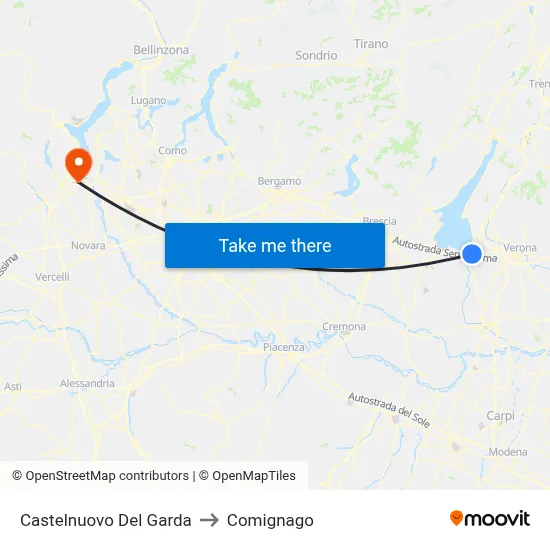 Castelnuovo Del Garda to Comignago map