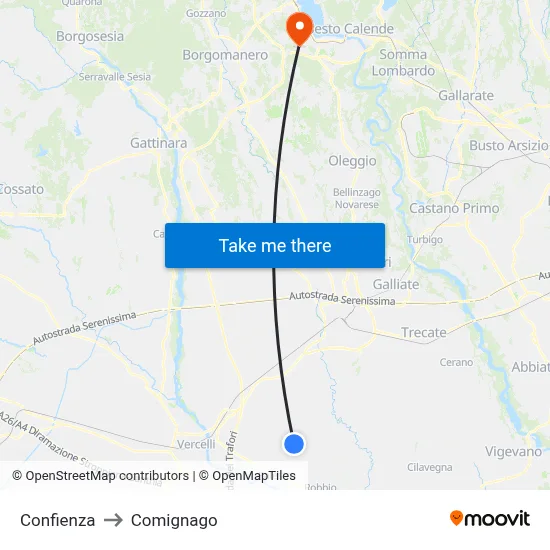 Confienza to Comignago map