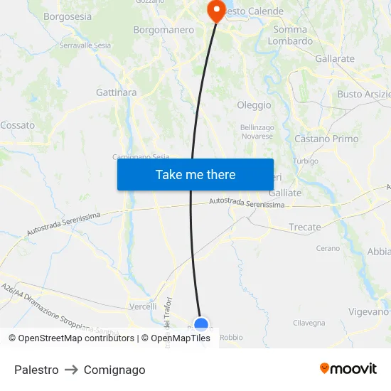 Palestro to Comignago map