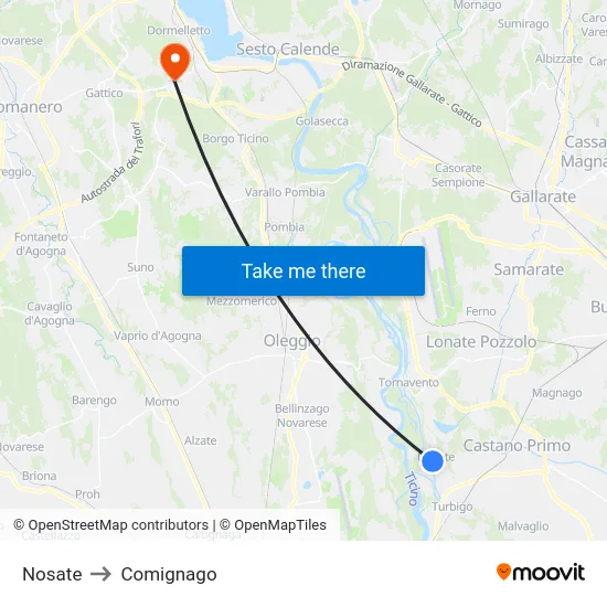 Nosate to Comignago map