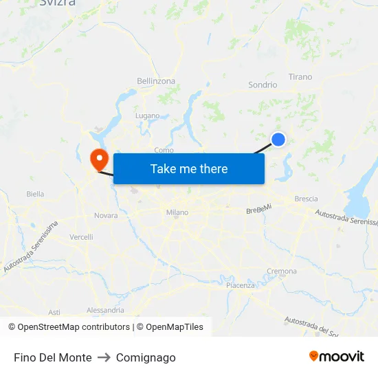 Fino del Monte to Comignago map