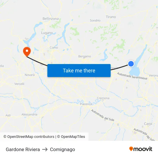 Gardone Riviera to Comignago map