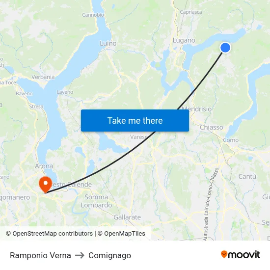 Ramponio Verna to Comignago map