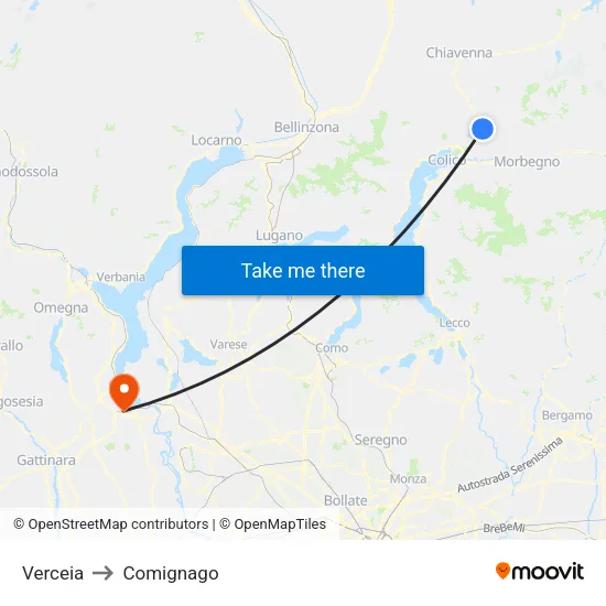 Verceia to Comignago map