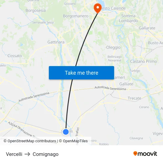 Vercelli to Comignago map