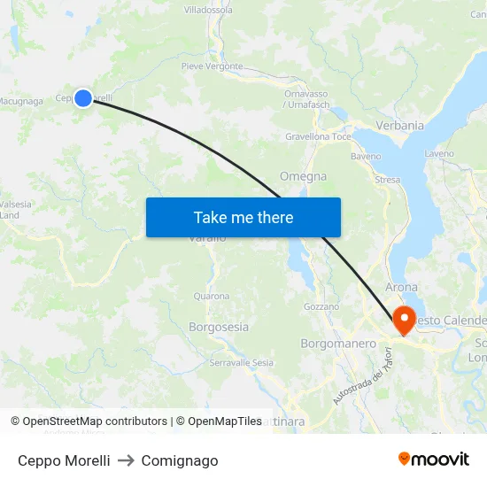 Ceppo Morelli to Comignago map