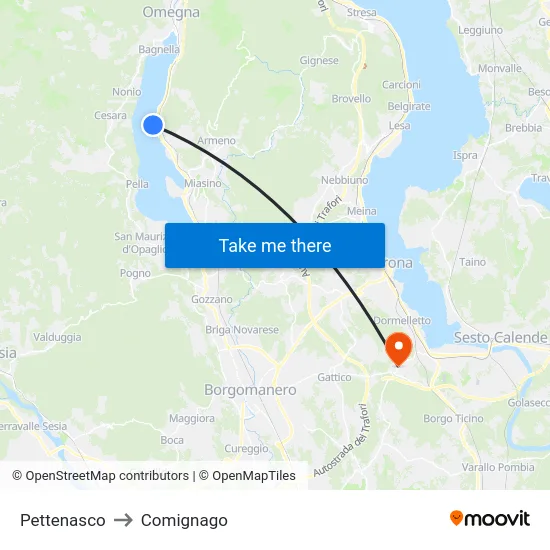 Pettenasco to Comignago map