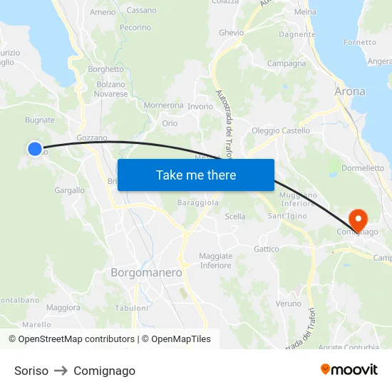 Soriso to Comignago map