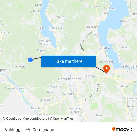 Valduggia to Comignago map