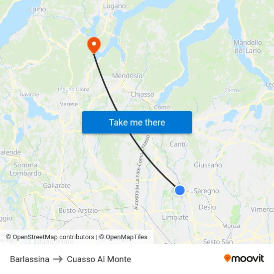Barlassina to Cuasso Al Monte map
