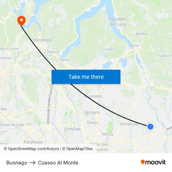 Busnago to Cuasso Al Monte map
