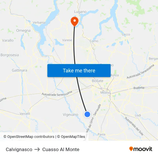 Calvignasco to Cuasso Al Monte map