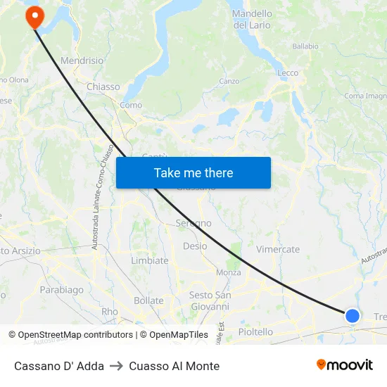 Cassano D' Adda to Cuasso Al Monte map