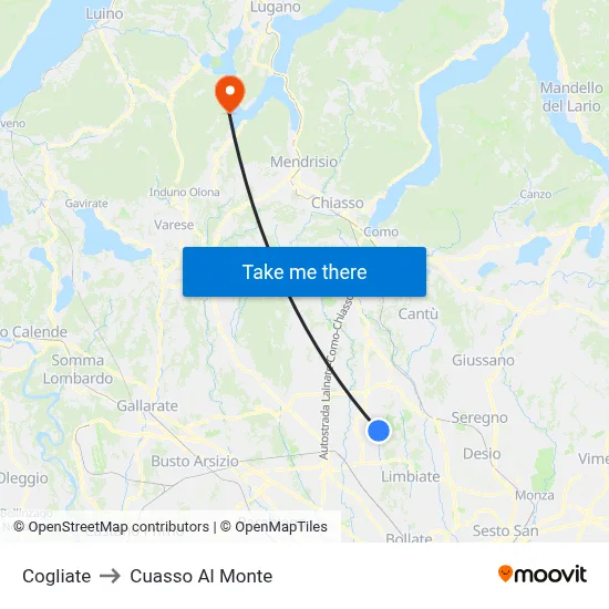 Cogliate to Cuasso Al Monte map