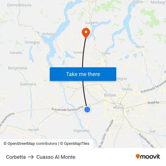 Corbetta to Cuasso Al Monte map