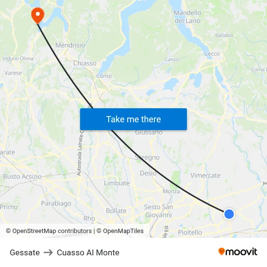 Gessate to Cuasso Al Monte map