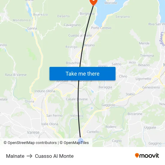 Malnate to Cuasso Al Monte map