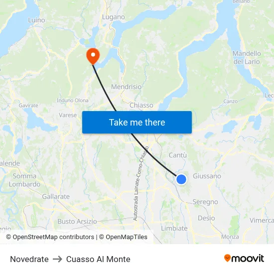 Novedrate to Cuasso Al Monte map