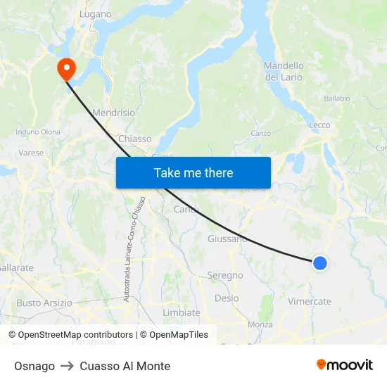 Osnago to Cuasso Al Monte map