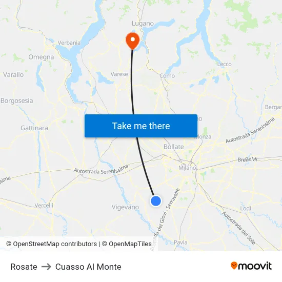 Rosate to Cuasso Al Monte map